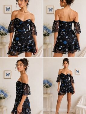 For Love & Lemons Botanic Off The Shoulder Embroidered Black & Blue Dress